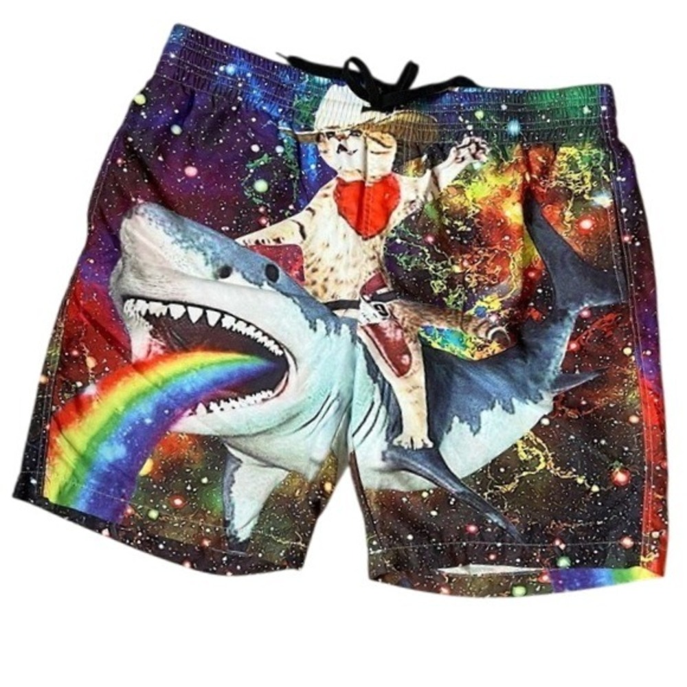 Cowboy Cat Riding Rainbow Shark Double Sided Swim Trunks Elastic Waistband Men M